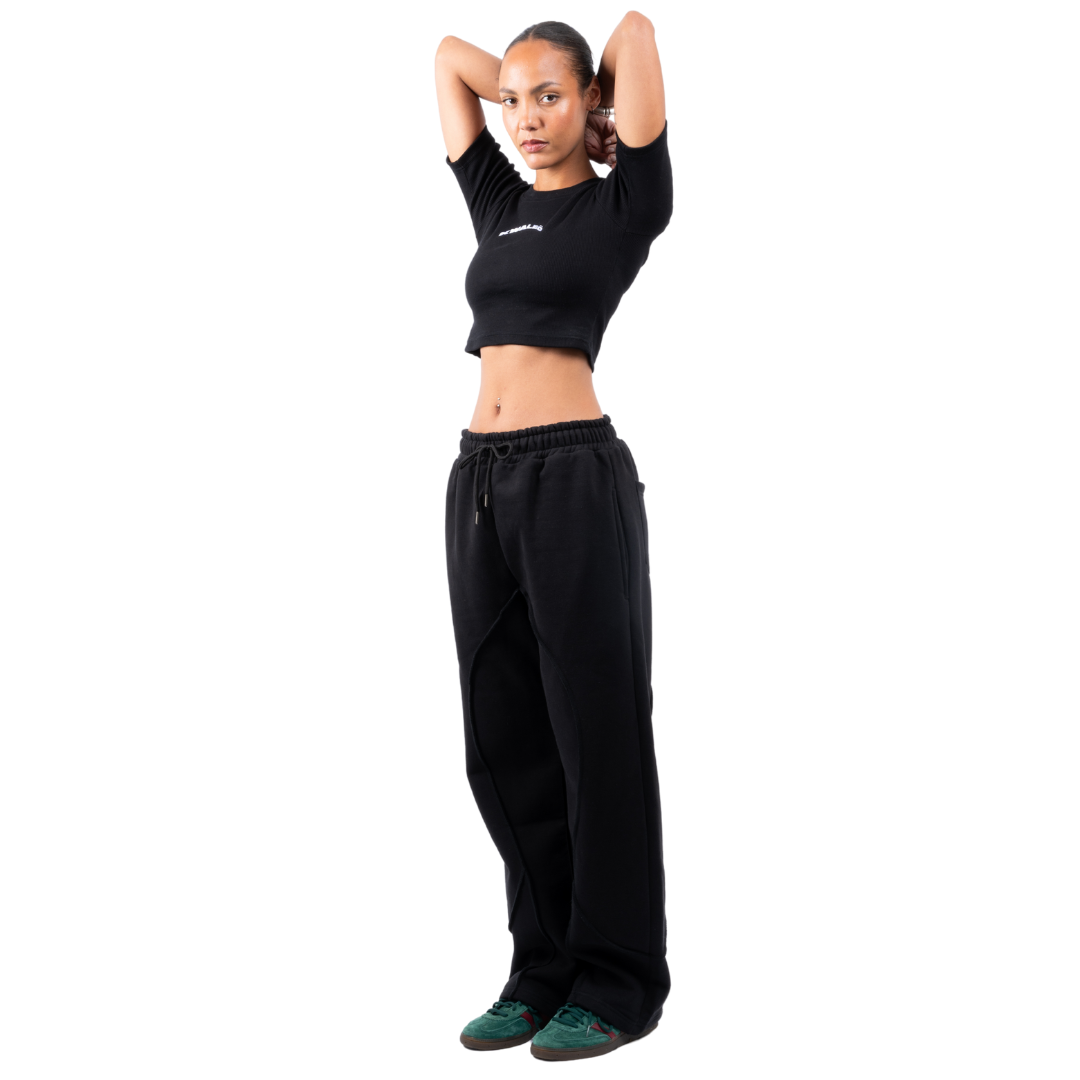 (Pre-Order - Shipping First Week of August) Cropped Rib-Nit Black T-Shirt