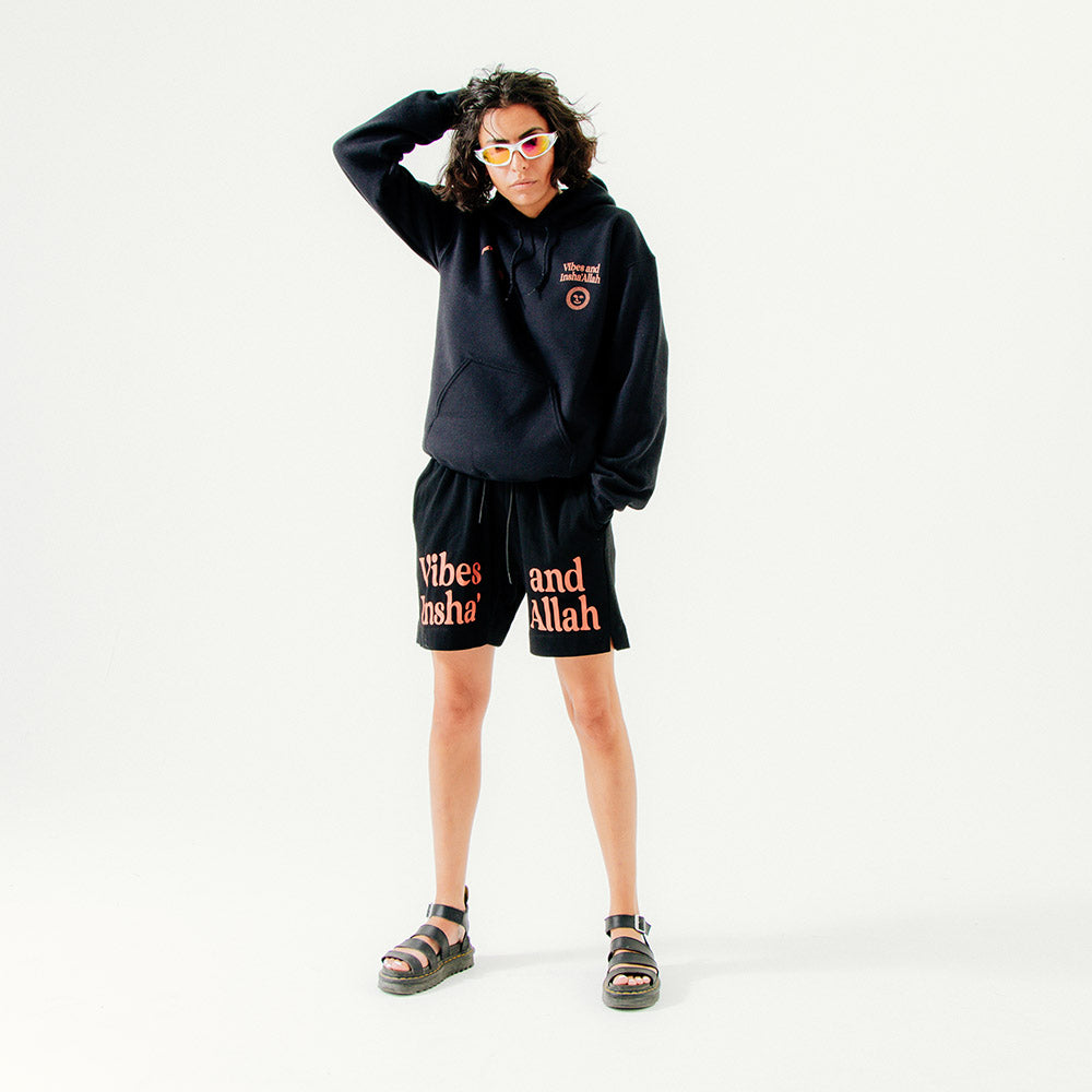 Vibes And Insha Allah Cotton Black Shorts